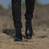 Tailored Rib Cuffs & Hem Craftsmanship Construction Detail on Duster Brogues Derby Black Leather Boots For Men