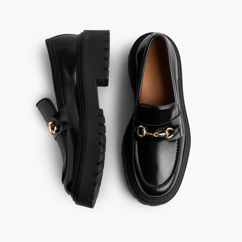 Penny Platform Schwarz & Gold Leder-Loafer für Damen - Verstärkte Fersenkappe & präzise Doppelnaht