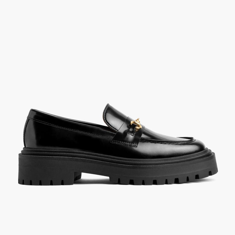 Penny Platform Schwarz & Gold Leather Loafers für Damen