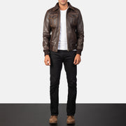 
Detailansicht of High Neck & Zipper Hardware on Aaron Distressed Brown Leather Bomber Jacket