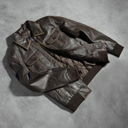 
Knit Rib & Hem Craftsmanship Construction Detail on Aaron Distressed Brown Leather Bomber Jacket