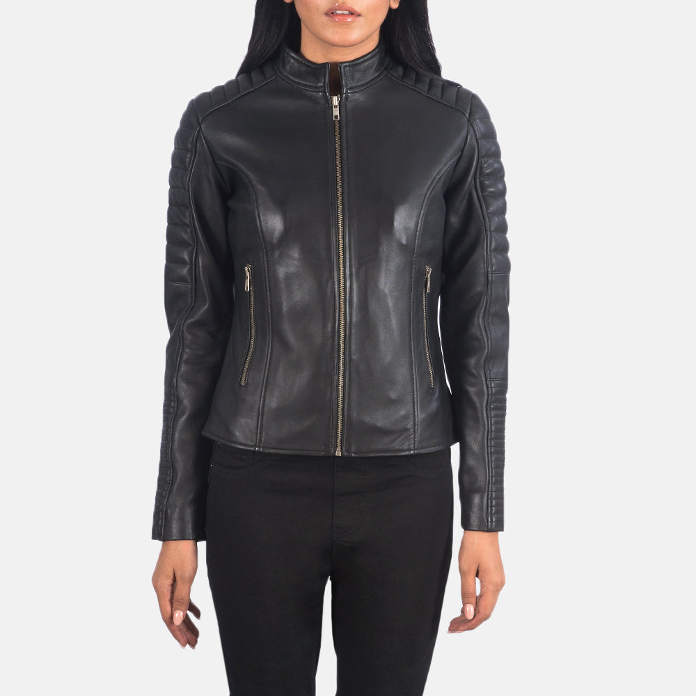 Detailansicht of Band &amp; Zipper Hardware on Women's Adalyn Gesteppt Schwarz Leder-Bikerjacke für Damen