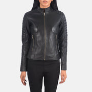 Detailansicht of Band &amp; Zipper Hardware on Women's Adalyn Gesteppt Schwarz Leder-Bikerjacke für Damen