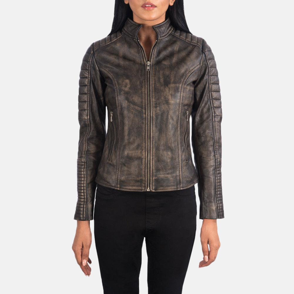 
Detailansicht of Band & Zipper Hardware on Adalyn Gesteppt Vintage-Braun Leder-Bikerjacke für Damen