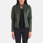 Women's Adalyn Gesteppt Grün Leder-Bikerjacke für Damen in Green Sheepskin Leather - Vorderansicht &amp; maßgeschneiderte Silhouette | Online Kaufen