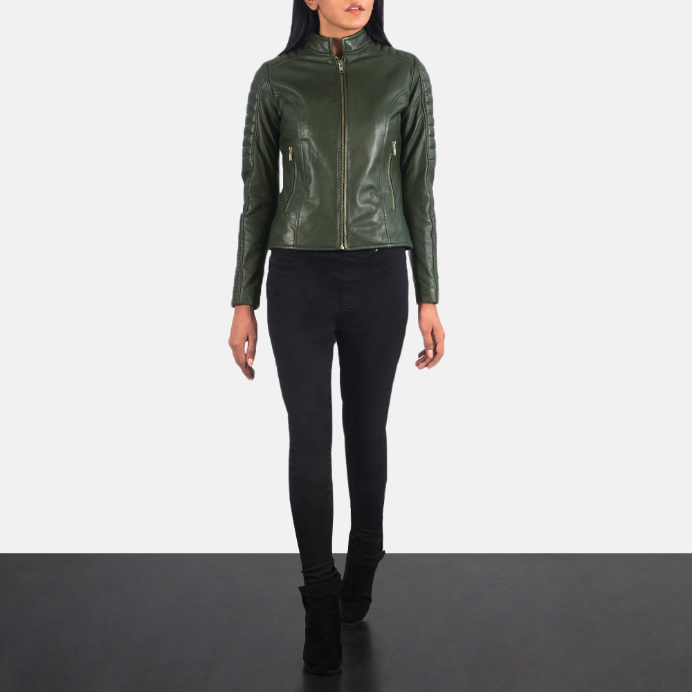Women's Adalyn Gesteppt Grün Leder-Bikerjacke für Damen - Seitenansicht mit ergonomischem Ärmelschnitt