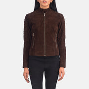 Women's Adalyn Quilted Mocha Suede Biker Jacket in Mocha Brown Goatskin Suede - Front Profile View & Tailored Silhouette | Buy Online