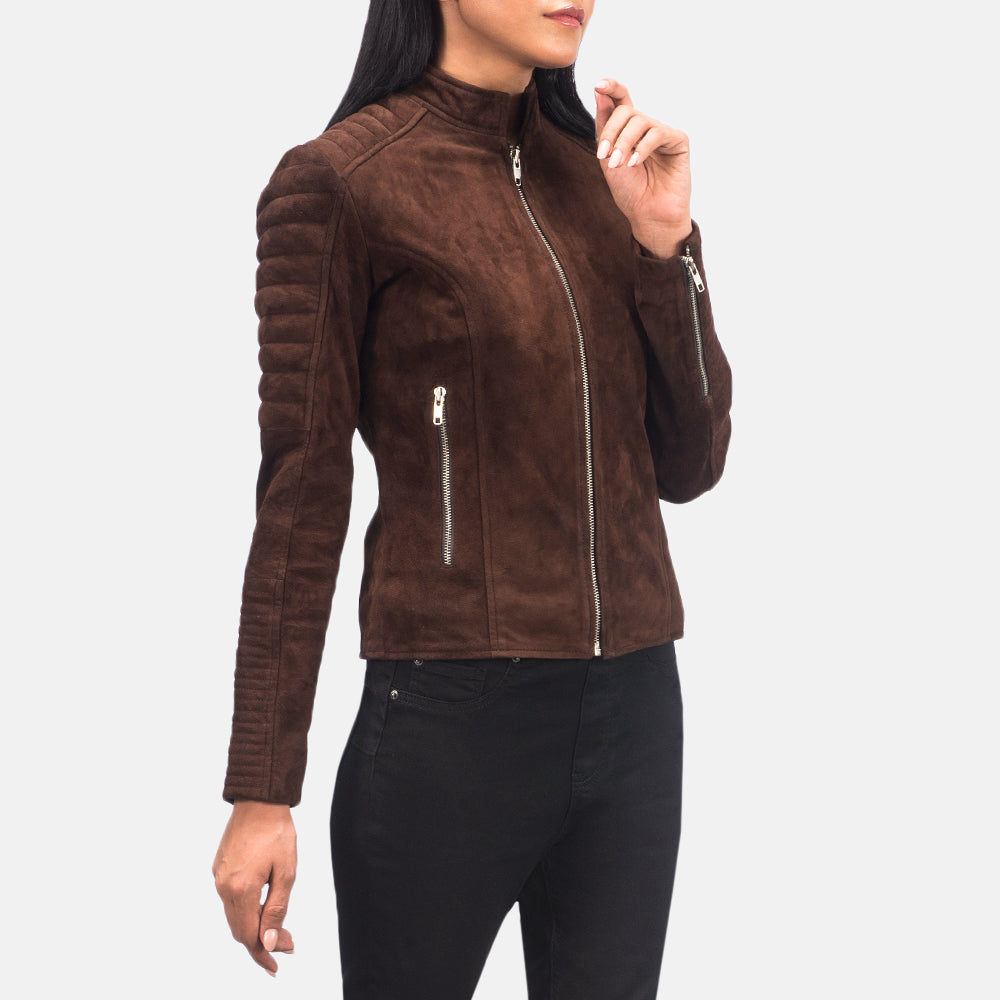 Women's Adalyn Quilted Mocha Suede Biker Jacket - Lateral Side Profile View Showing Sleeve Cut & Athletic Taper Fit