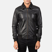 
Detailansicht of Rib Knit & Zipper Hardware on Air Rolf Schwarz Leder-Bomberjacke für Herren