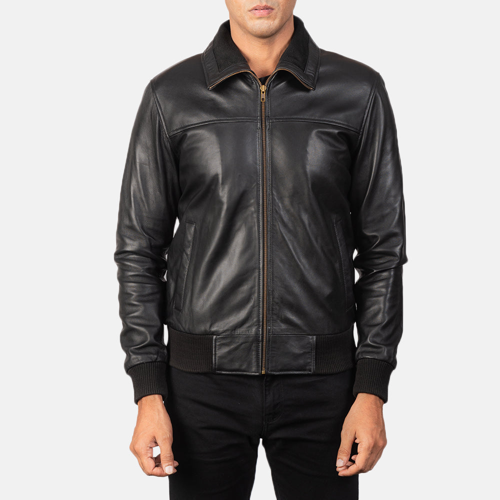 Close-Up Detail of Rib Knit & Zipper Hardware on Men's Air Rolf Black Leather Bomber Jacket