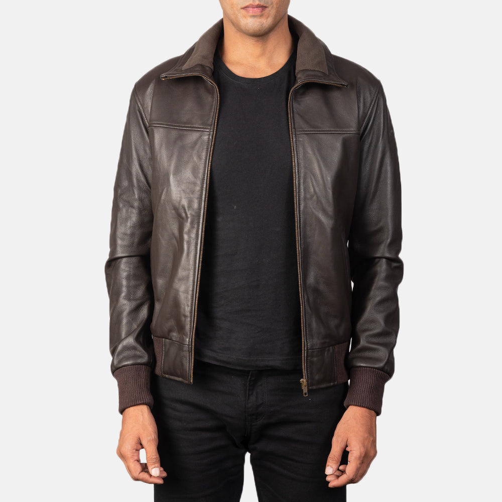Men's Air Rolf Mocha Brown Leather Bomber Jacket in Dark Brown Sheepskin Leather - Vorderansicht &amp; maßgeschneiderte Silhouette | Online Kaufen
