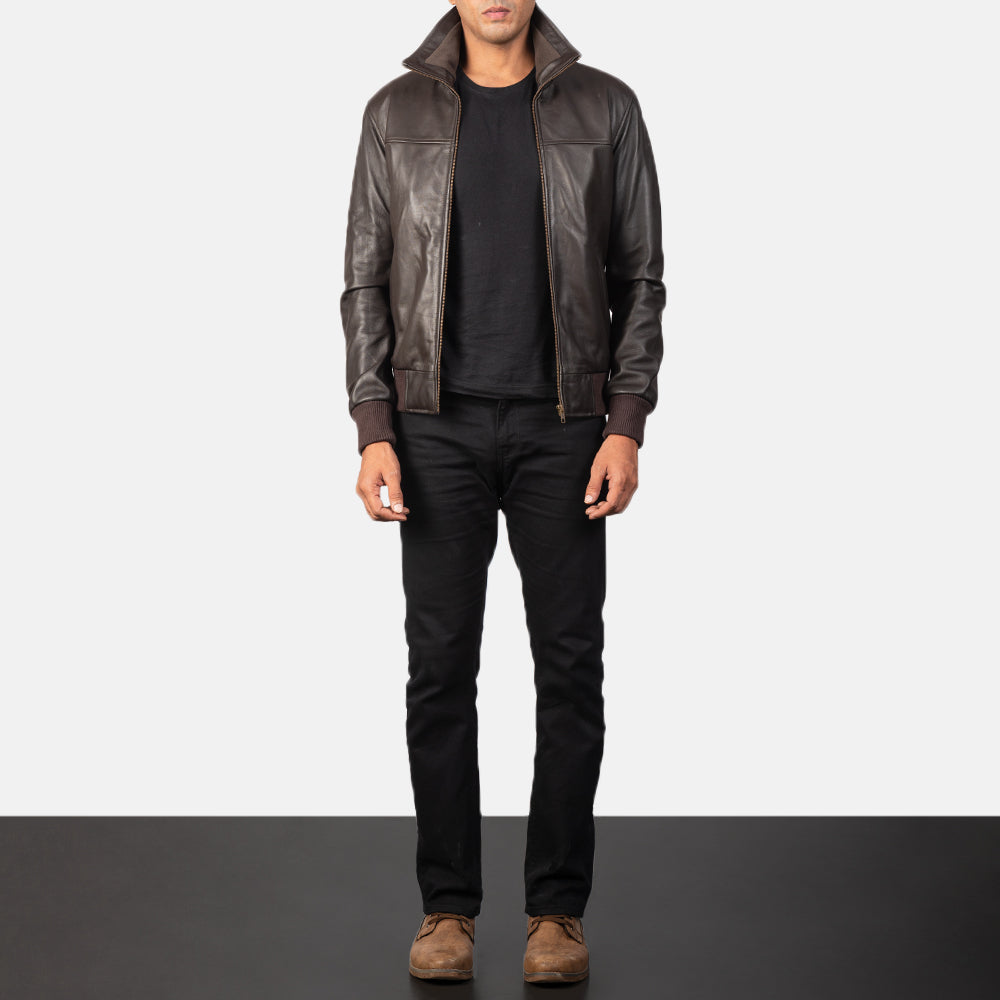 Close-Up Detail of Rib Knit & Zipper Hardware on Men's Air Rolf Mocha Brown Leather Bomber Jacket