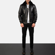 Men's Airin G-1 Black Leather Bomber Jacket - Lateral Side Profile View Showing Sleeve Cut & Athletic Taper Fit