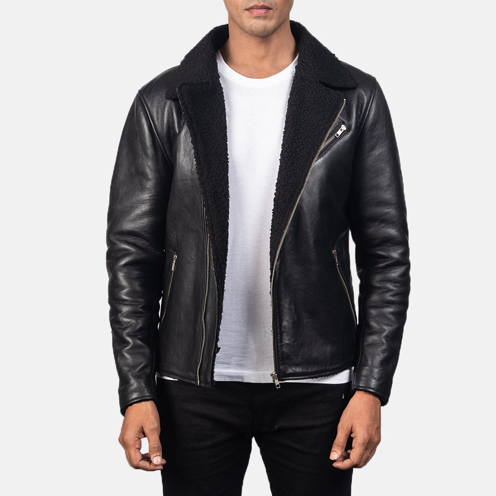 Men's Alberto Shearling Schwarz Lederjacke für Herren in Black Sheepskin Leather - Vorderansicht &amp; maßgeschneiderte Silhouette | Online Kaufen