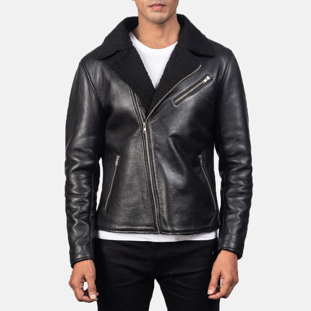 Men's Alberto Shearling Schwarz Lederjacke für Herren - Seitenansicht mit ergonomischem Ärmelschnitt