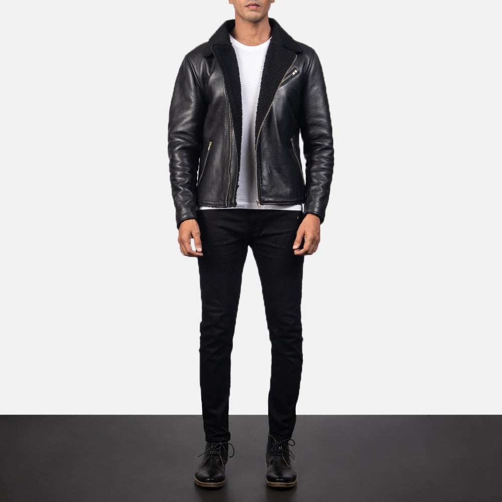 Detailansicht of Notch &amp; Zipper Hardware on Men's Alberto Shearling Schwarz Lederjacke für Herren