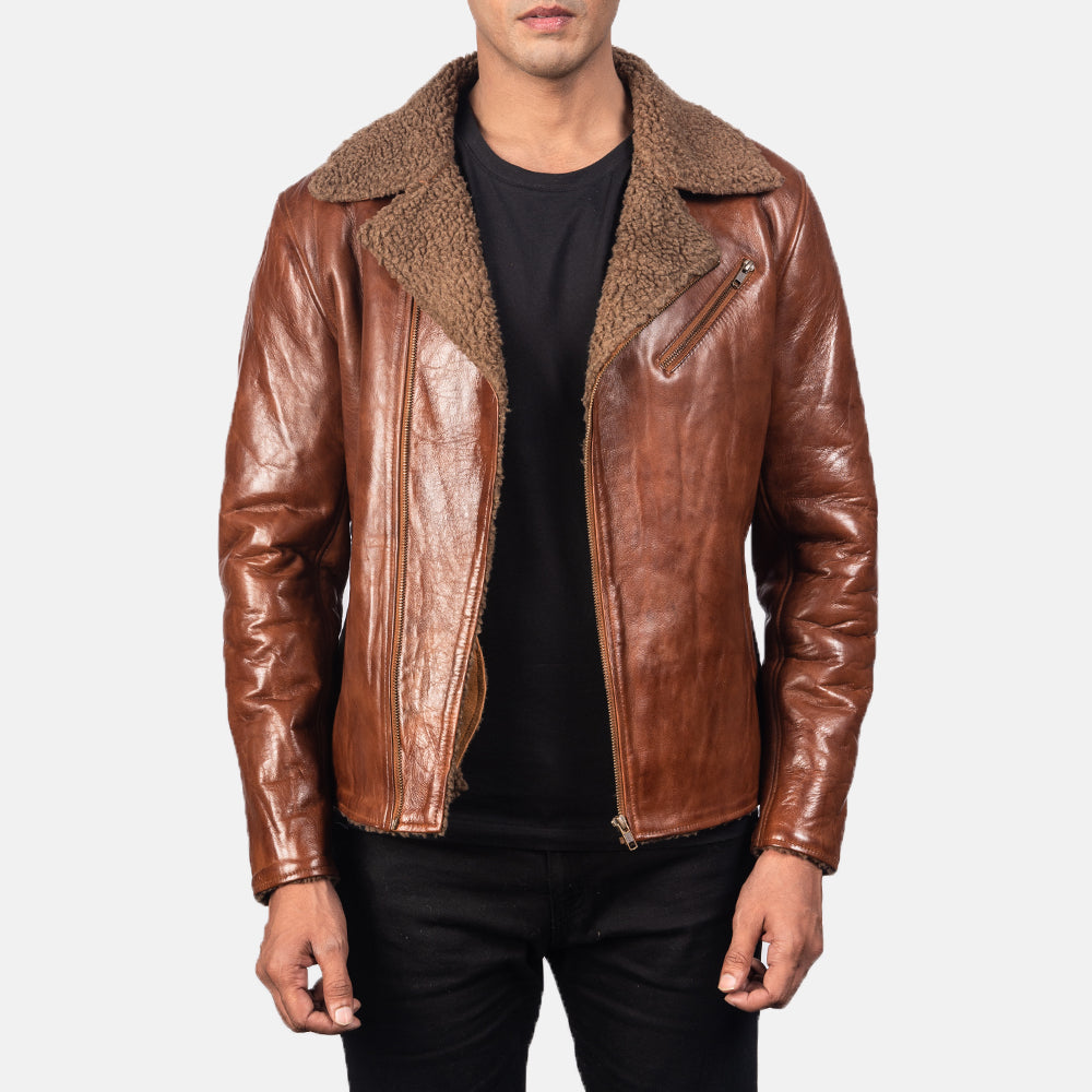 Men's Alberto Shearling Braun Lederjacke für Herren in Brown Sheepskin Leather - Vorderansicht &amp; maßgeschneiderte Silhouette | Online Kaufen