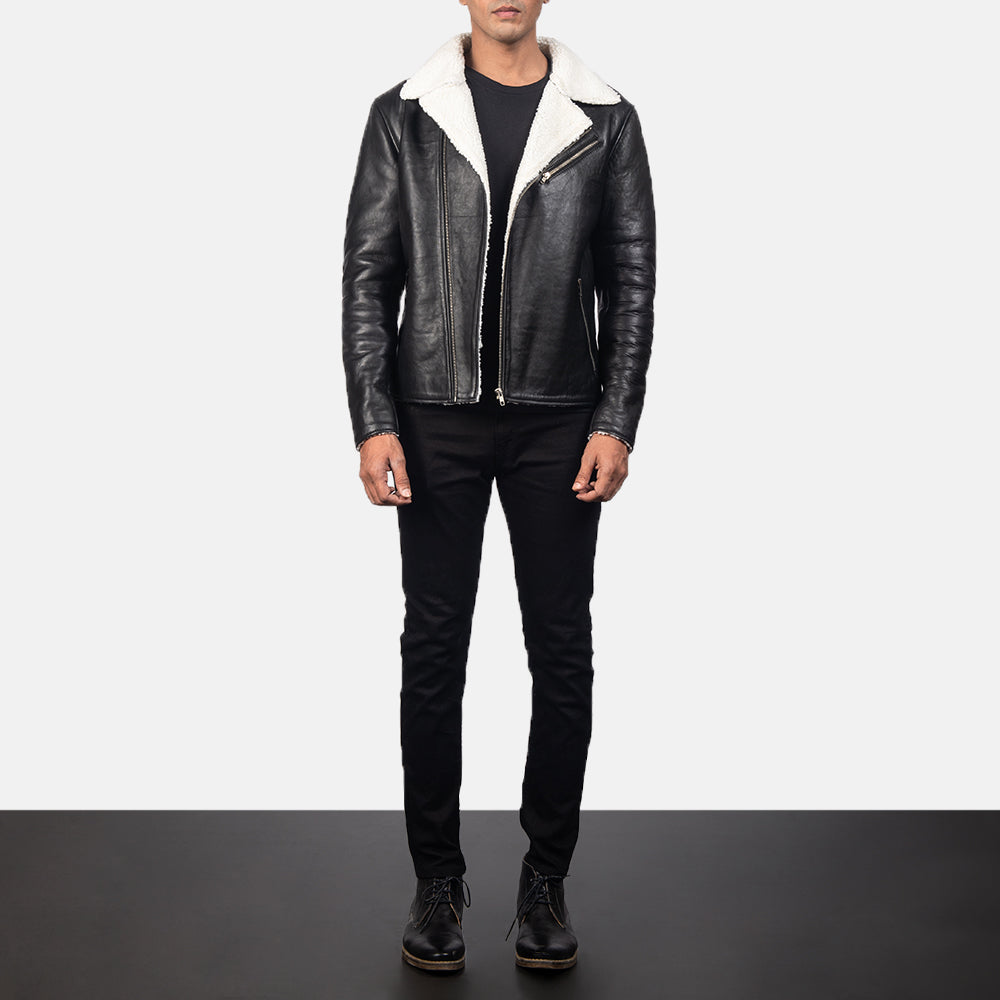 Detailansicht of Notch &amp; Zipper Hardware on Men's Alberto Weiß Shearling Schwarz Lederjacke für Herren