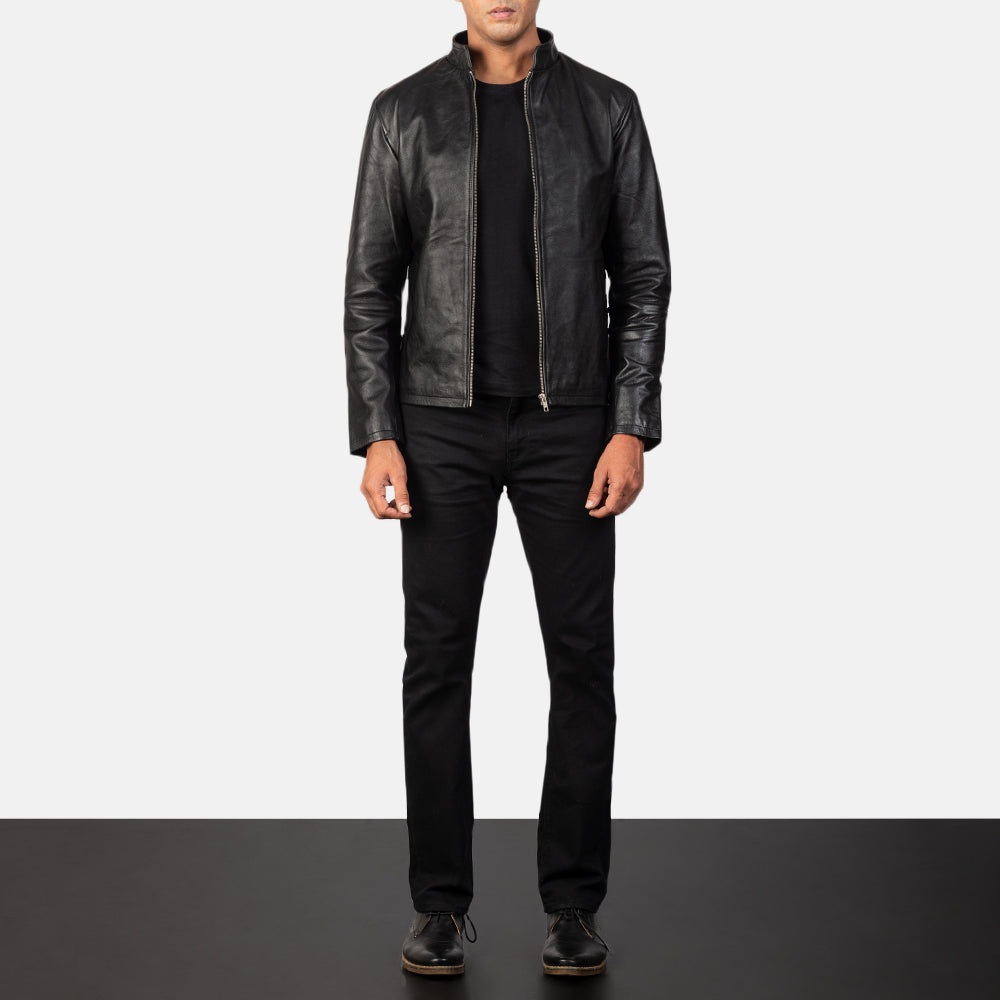Close-Up Detail of Band & Zipper Hardware on Men's Alex Black Leather Biker Jacket