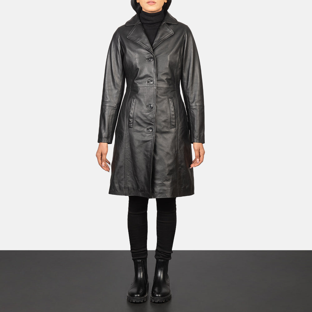 Women's Alexis Schwarz Single Breasted Ledermantel für Damen in Black Cowhide Leather - Vorderansicht &amp; maßgeschneiderte Silhouette | Online Kaufen
