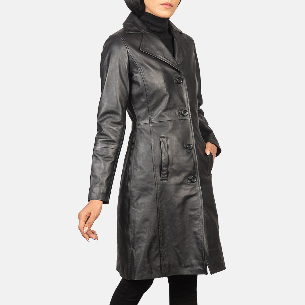 Detailansicht of Notch &amp; Buttons Hardware on Women's Alexis Schwarz Single Breasted Ledermantel für Damen