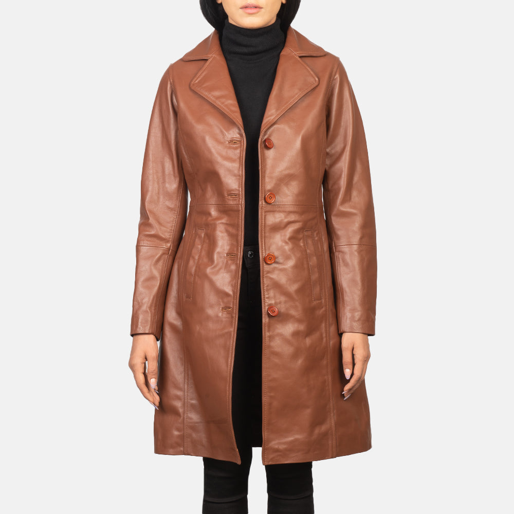
Alexis Braun Single Breasted Ledermantel für Damen in Brown Cowhide Leather - Vorderansicht & maßgeschneiderte Silhouette | Online Kaufen