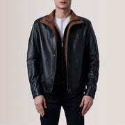 Alfred Brown Leather Bomber Jacket For Men in Brown Sheepskin Leather - Vorderansicht &amp; maßgeschneiderte Silhouette | Online Kaufen