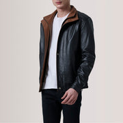 Detailansicht of Shirt &amp; Zipper with placket Hardware on Alfred Brown Leather Bomber Jacket For Men