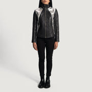 Detailansicht of High Neck &amp; Zipper Hardware on Women's Alia Metallic Schwarz Leder-Bikerjacke für Damen