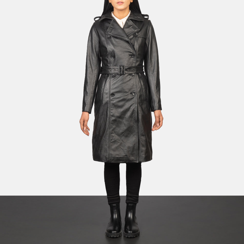Women's Alice Black Double Breasted Leather Coat in Black Cowhide Leather - Vorderansicht &amp; maßgeschneiderte Silhouette | Online Kaufen