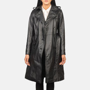 Women's Alice Black Double Breasted Leather Coat - Seitenansicht mit ergonomischem Ärmelschnitt