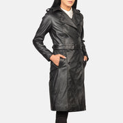 Detailansicht of Notch &amp; Buttons Hardware on Women's Alice Black Double Breasted Leather Coat
