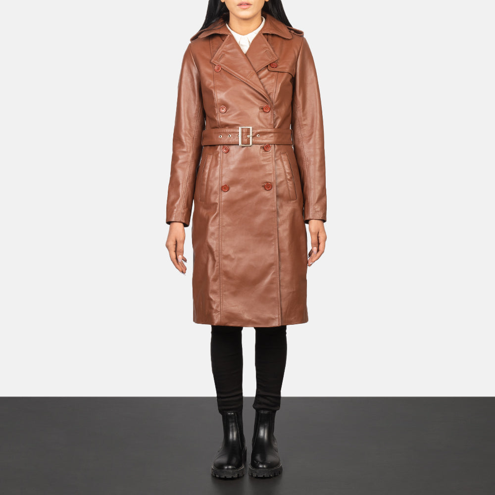 Women's Alice Brown Double Breasted Leather Coat in Black Cowhide Leather - Front Profile View & Tailored Silhouette | Buy Online