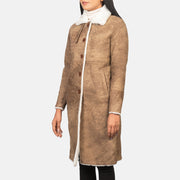 Women's Alina Shearling Braun Ledermantel für Damen in Distressed Brown Sheepskin Leather - Vorderansicht &amp; maßgeschneiderte Silhouette | Online Kaufen
