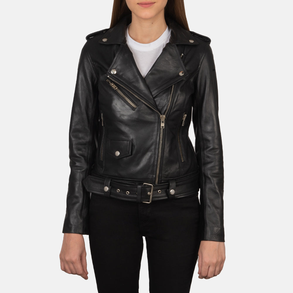 
Alison Schwarz Leder-Bikerjacke für Damen in Black Cowhide Leather - Vorderansicht & maßgeschneiderte Silhouette | Online Kaufen