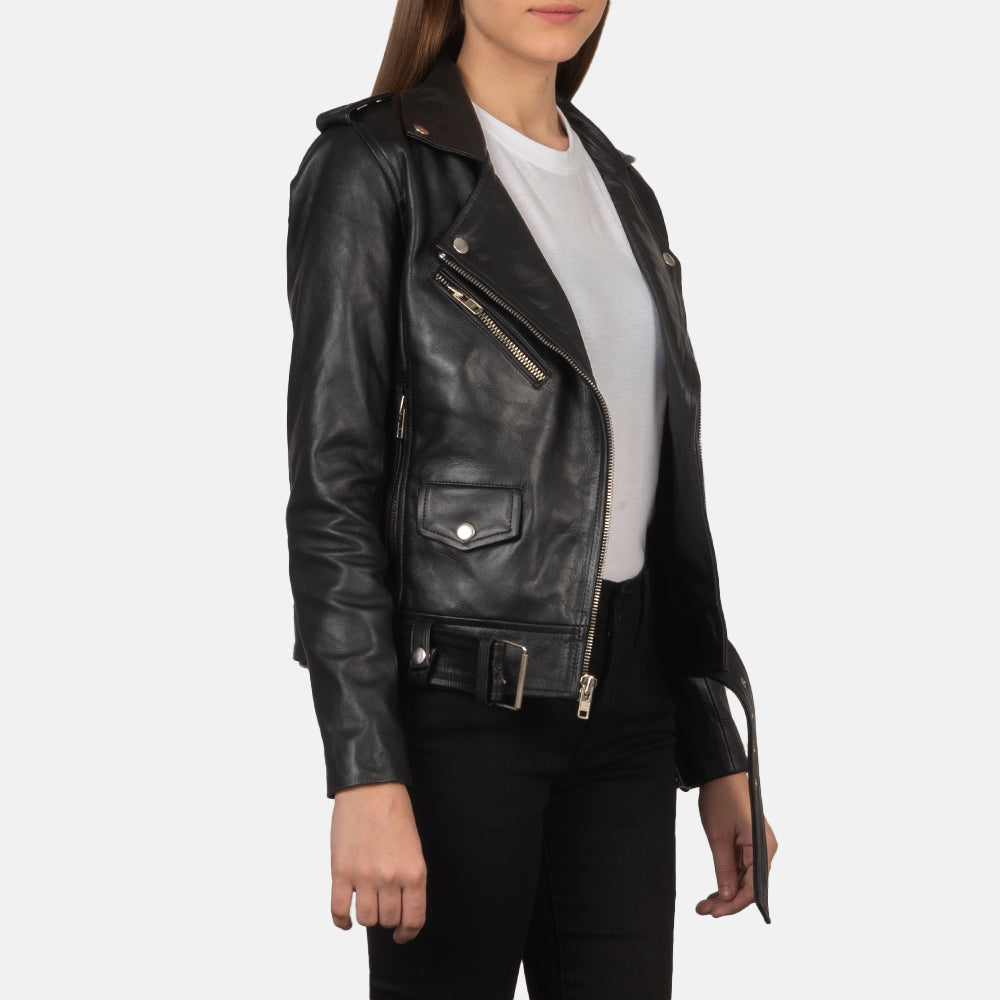 
Black Cowhide Leather Biker Jacket - Rückansicht mit passgenauen Schultern & sauberem Saum