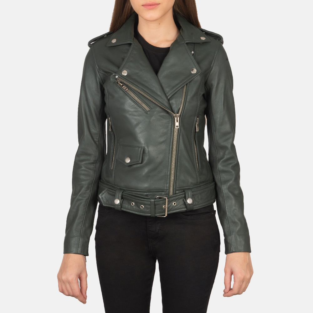 Detailansicht of Notch &amp; Zipper Hardware on Women's Alison Grün Leder-Bikerjacke für Damen