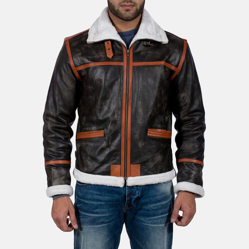 Men's Alpine Braun Fur Lederjacke für Herren in Distressed Brown Goatskin Leather - Vorderansicht &amp; maßgeschneiderte Silhouette | Online Kaufen