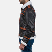 Detailansicht of High neck with Belt &amp; Zipper Hardware on Men's Alpine Braun Fur Lederjacke für Herren