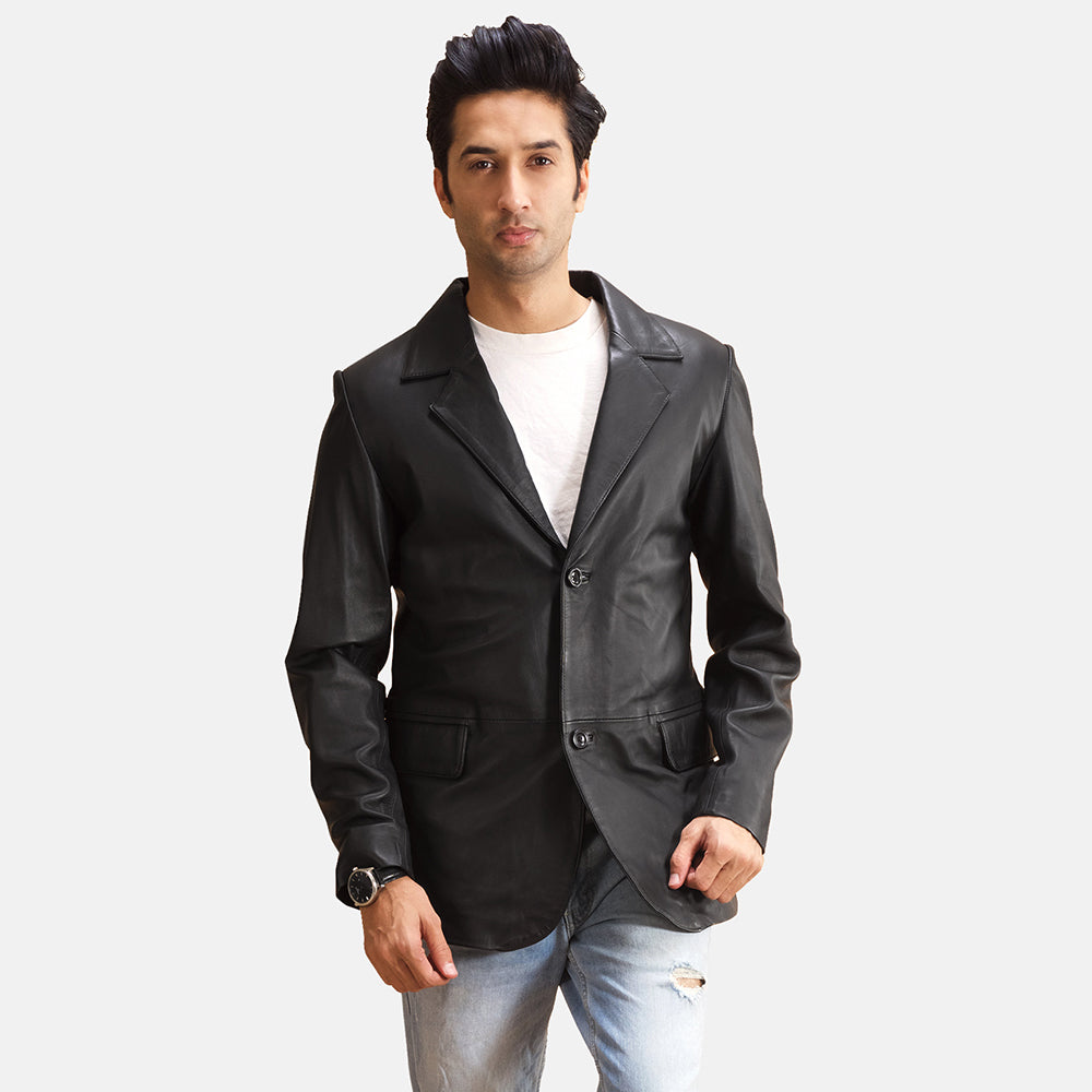 
Alyson Schwarz Lederblazer für Herren in Black Sheepskin Leather - Vorderansicht & maßgeschneiderte Silhouette | Online Kaufen