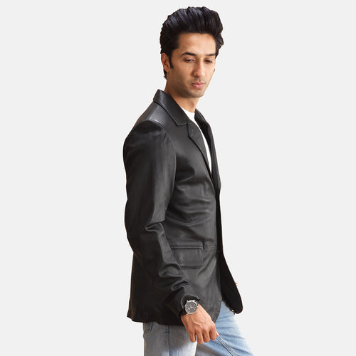 Black Sheepskin leather Blazer - Back View Showing Tailored Shoulder Fit & Clean Hemline