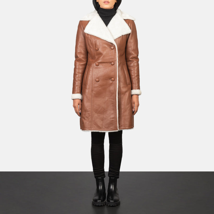 Amie Braun Double-Breasted Shearling Ledermantel für Damen