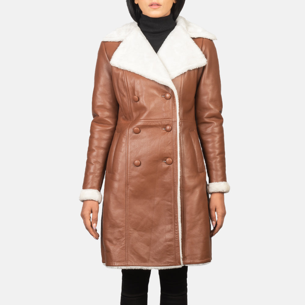 Detailansicht of Notch &amp; Leather Buttons Hardware on Women's Amie Brown Double Breasted Shearling Coat