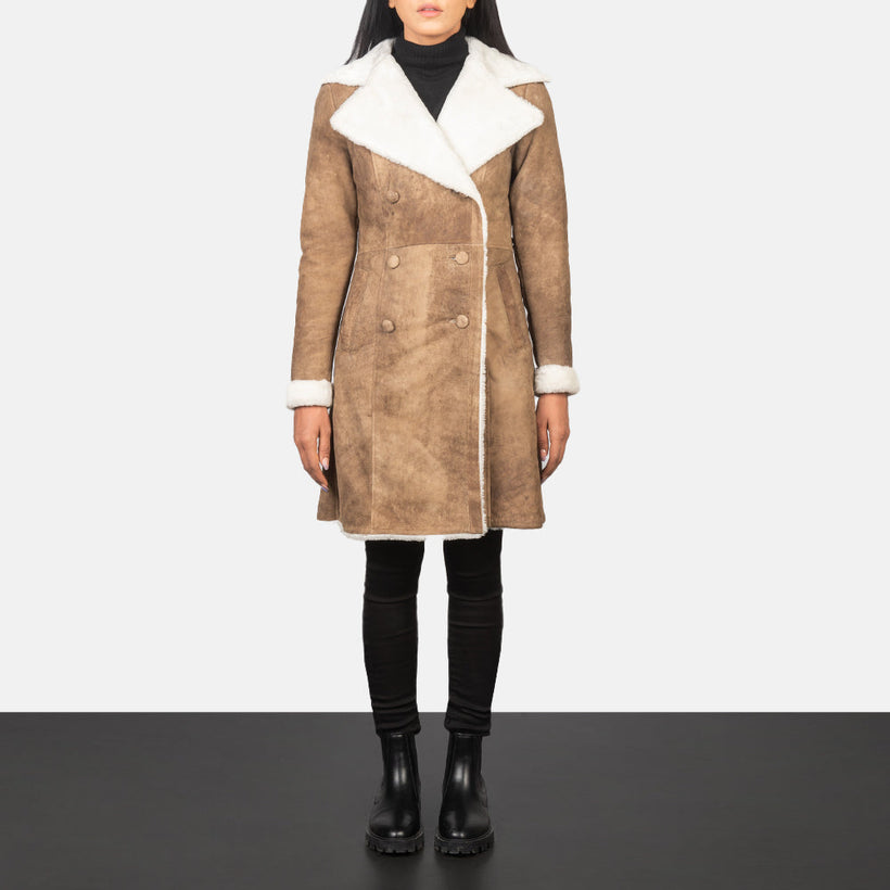 Amie Distressed Braun Double-Breasted Shearling Ledermantel für Damen