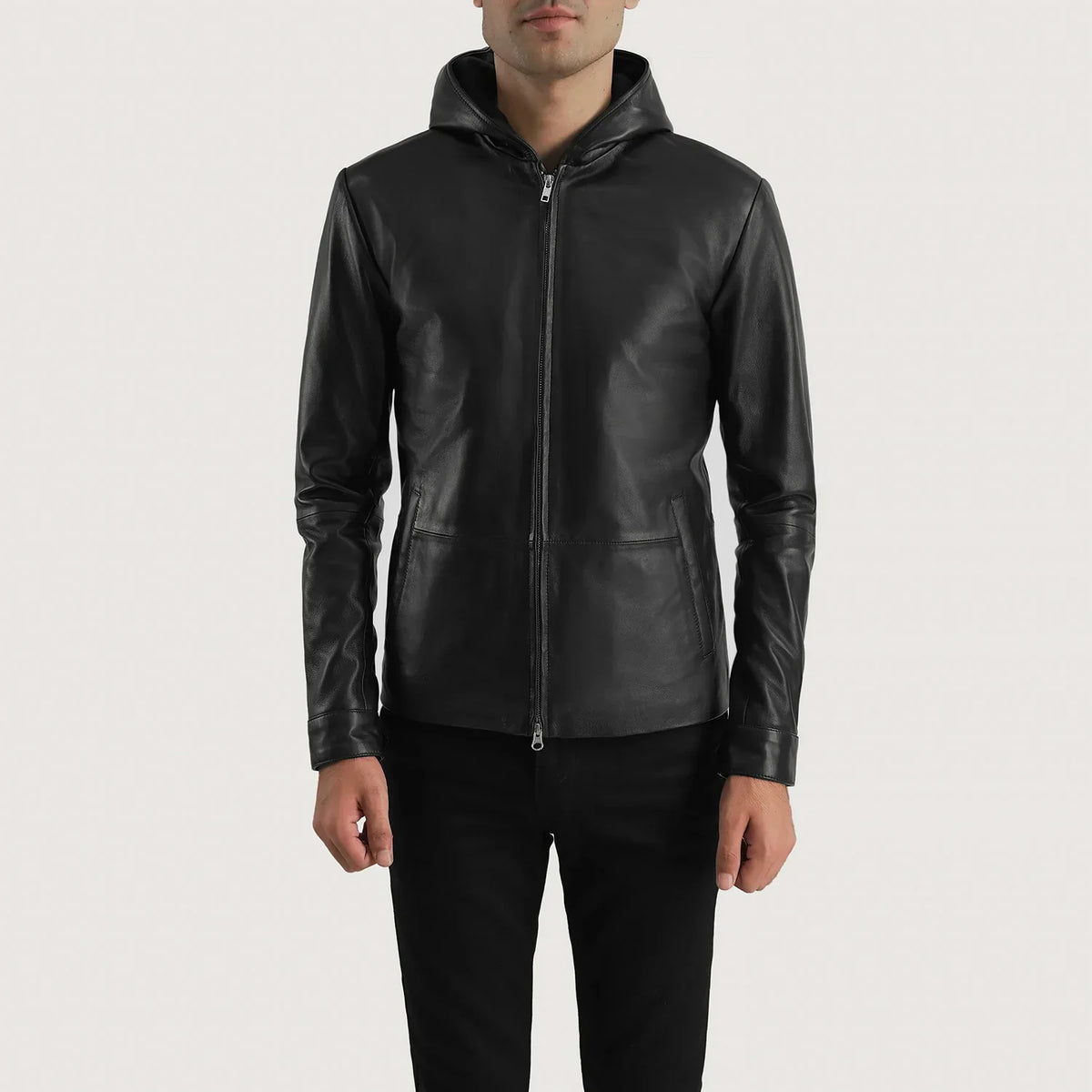 Men's Andy Matte Schwarz Hooded Lederjacke für Herren in Matte Black Sheepskin Leather - Vorderansicht &amp; maßgeschneiderte Silhouette | Online Kaufen