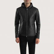 Men's Andy Matte Schwarz Hooded Lederjacke für Herren in Matte Black Sheepskin Leather - Vorderansicht &amp; maßgeschneiderte Silhouette | Online Kaufen