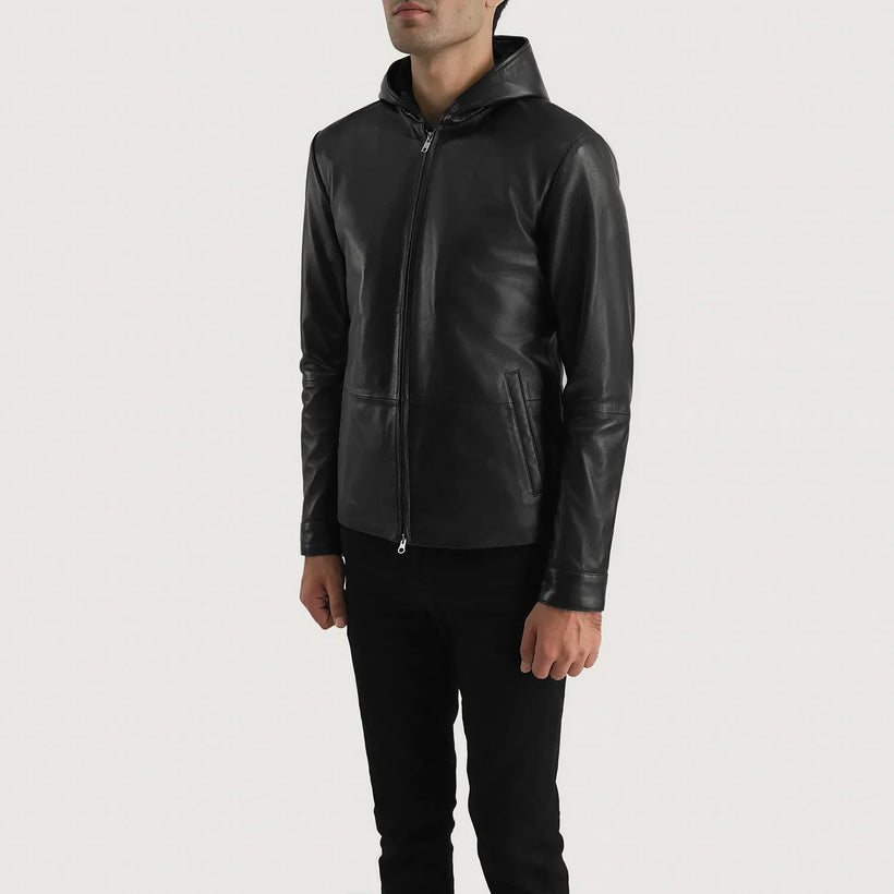Andy Matte Schwarz Hooded Lederjacke für Herren