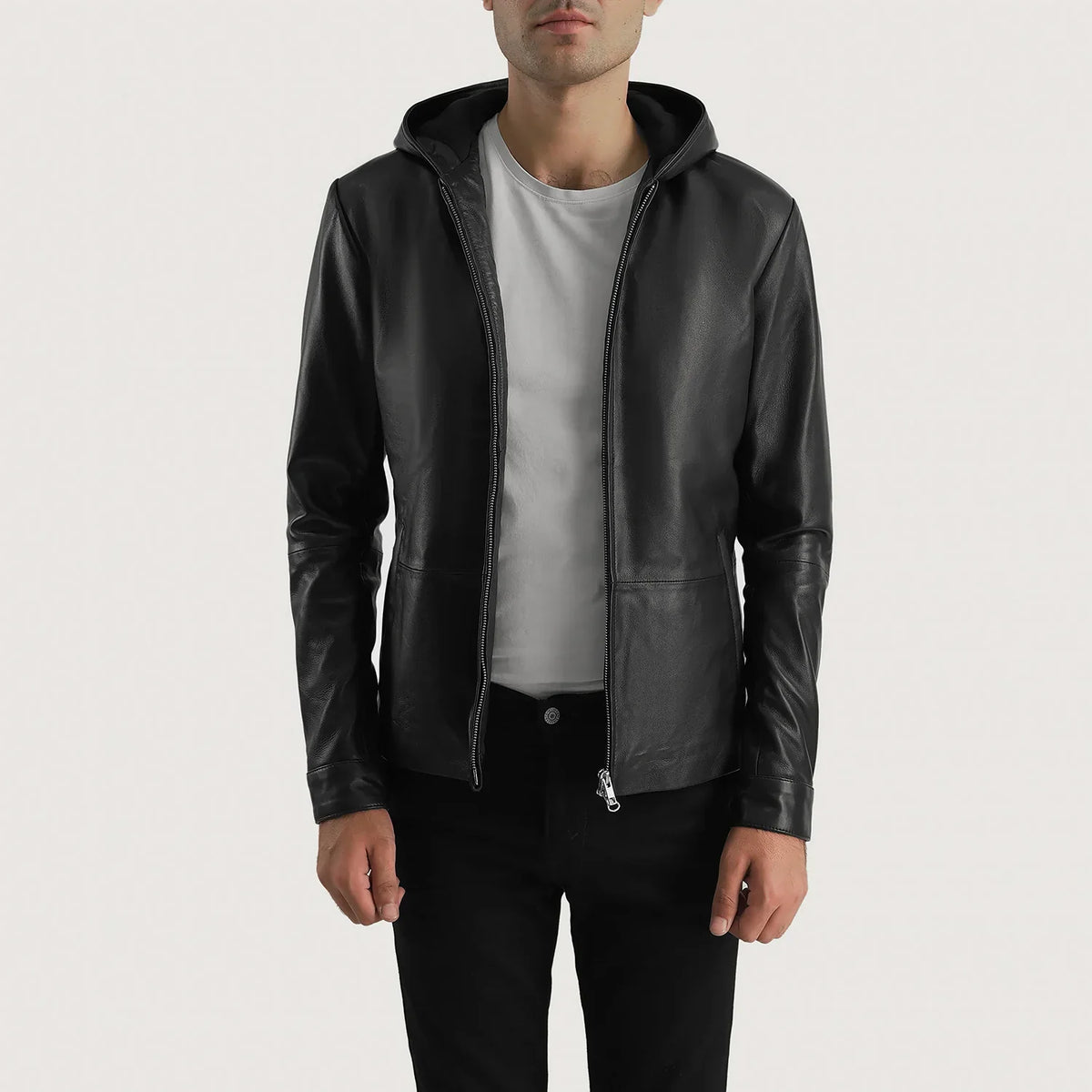 Men's Andy Matte Schwarz Hooded Lederjacke für Herren - Seitenansicht mit ergonomischem Ärmelschnitt