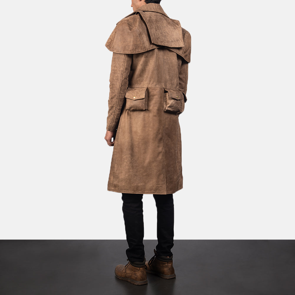Men's Army Braun Leather Duster für Herren - Seitenansicht mit ergonomischem Ärmelschnitt