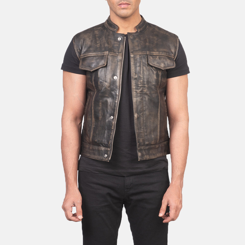 
Atlas Moto Vintage-Braun Lederweste für Herren in Distressed Brown Sheepskin Leather - Vorderansicht & maßgeschneiderte Silhouette | Online Kaufen